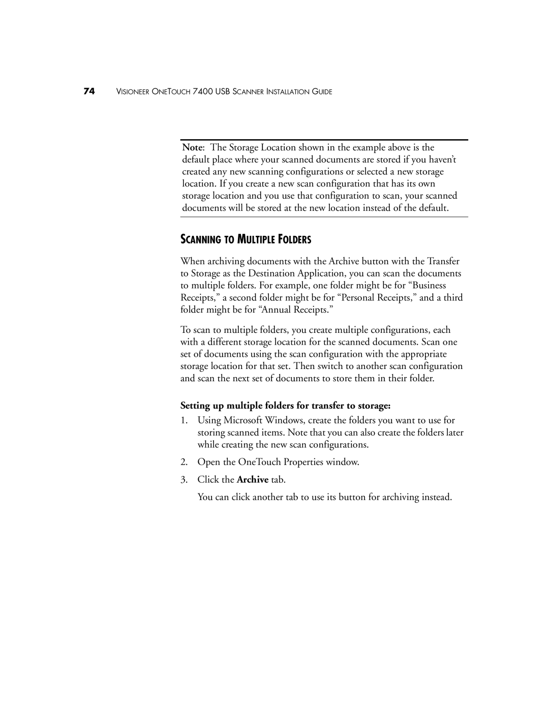 Visioneer OneTouch 7400 manual Scanning to Multiple Folders, Setting up multiple folders for transfer to storage 