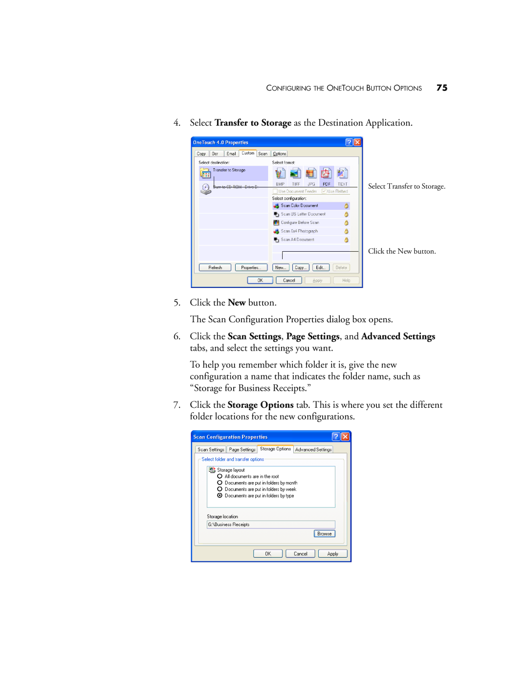 Visioneer OneTouch 7400 manual Select Transfer to Storage as the Destination Application 