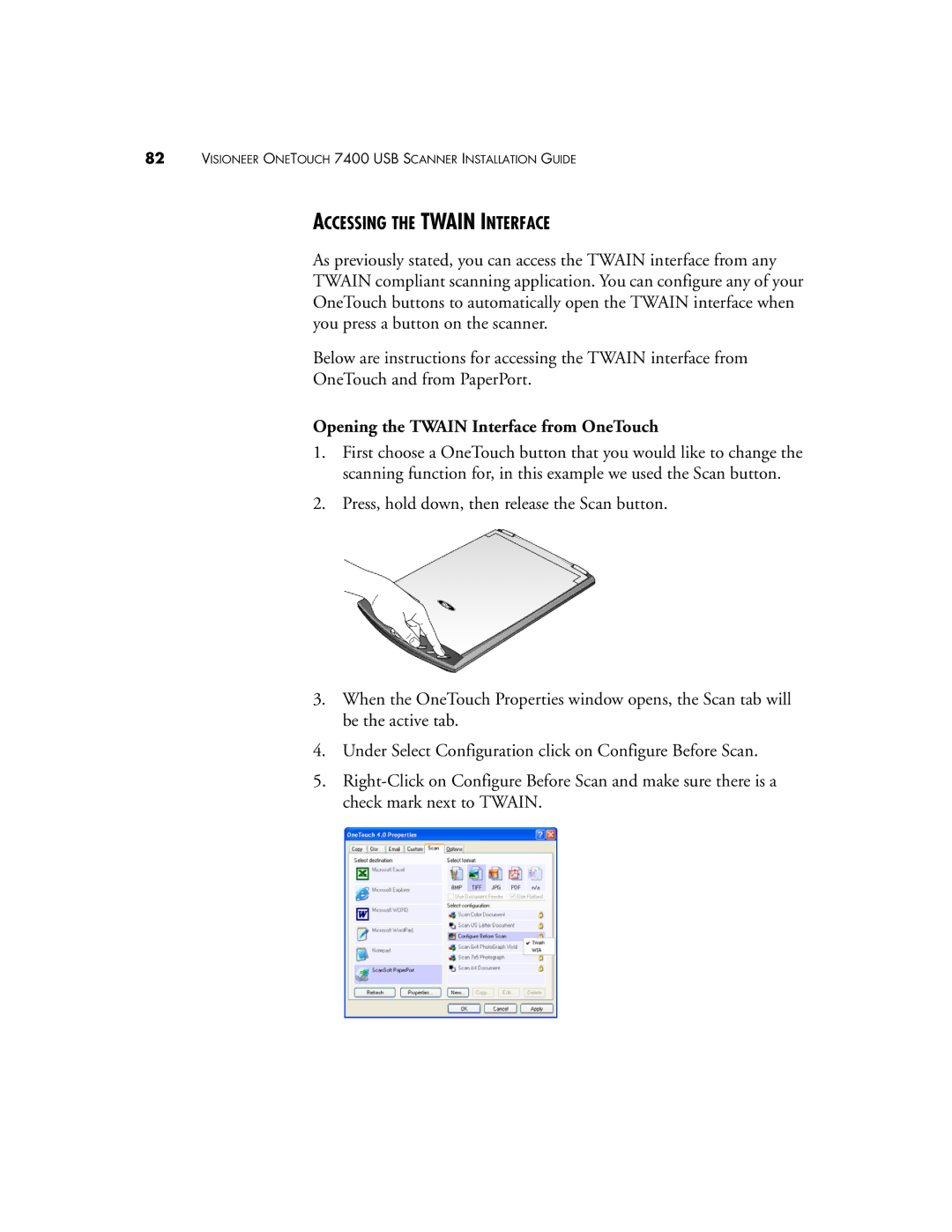 Visioneer OneTouch 7400 manual Accessing the Twain Interface, Opening the Twain Interface from OneTouch 