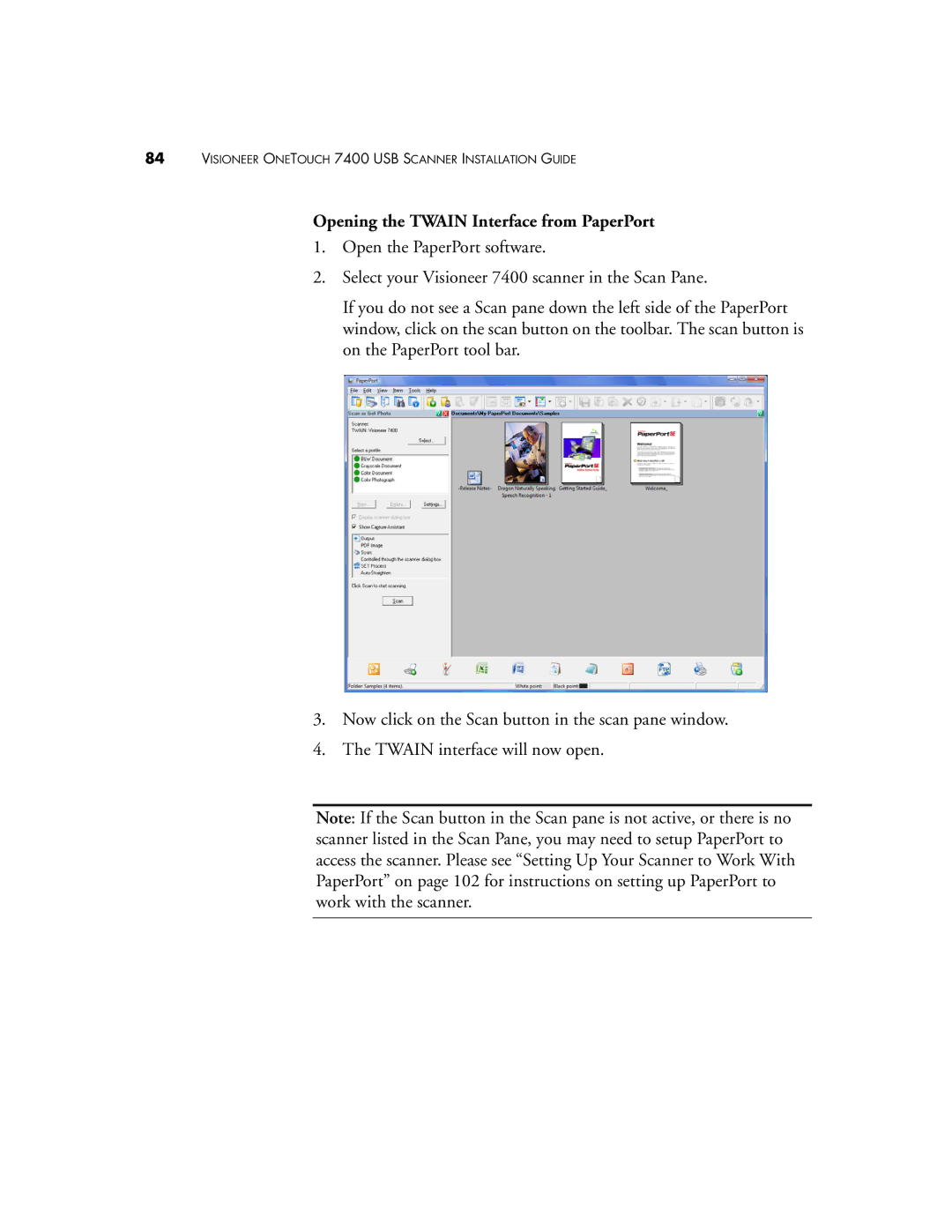 Visioneer OneTouch 7400 manual Opening the Twain Interface from PaperPort 