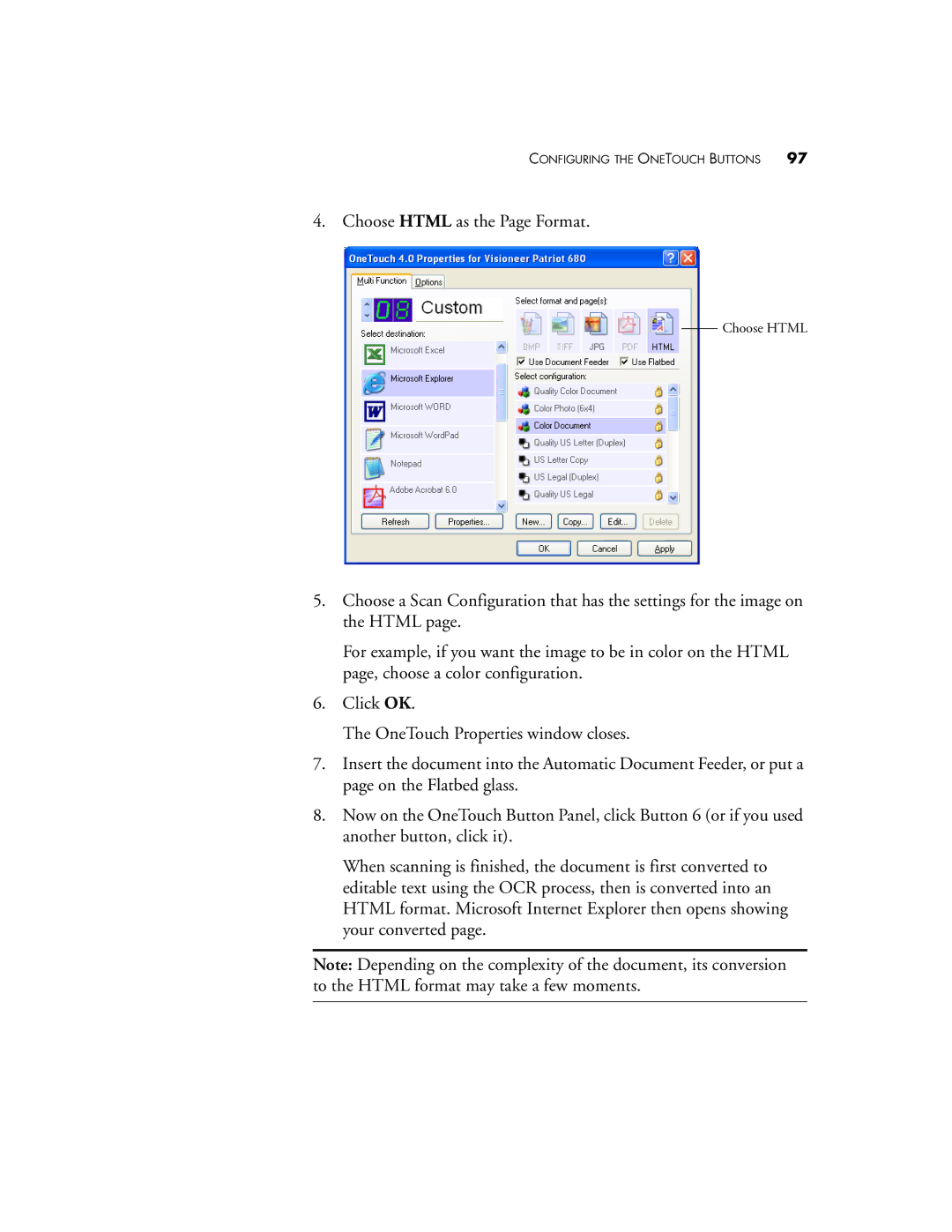 Visioneer Patriot 680 manual Choose Html as the Page Format 