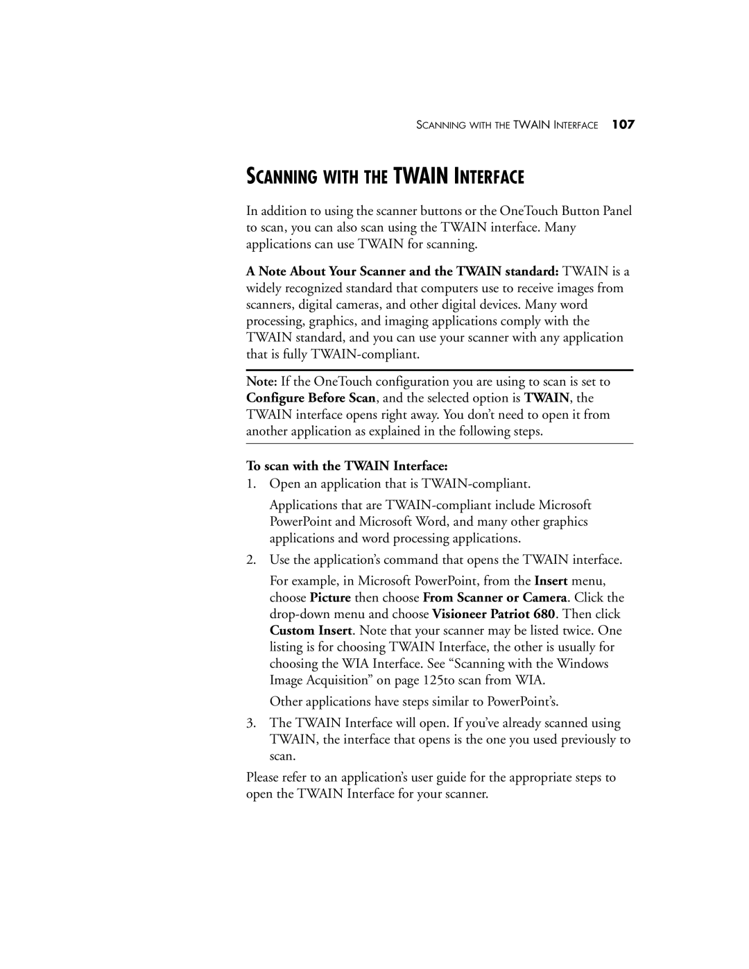 Visioneer Patriot 680 manual Scanning with the Twain Interface, To scan with the Twain Interface 