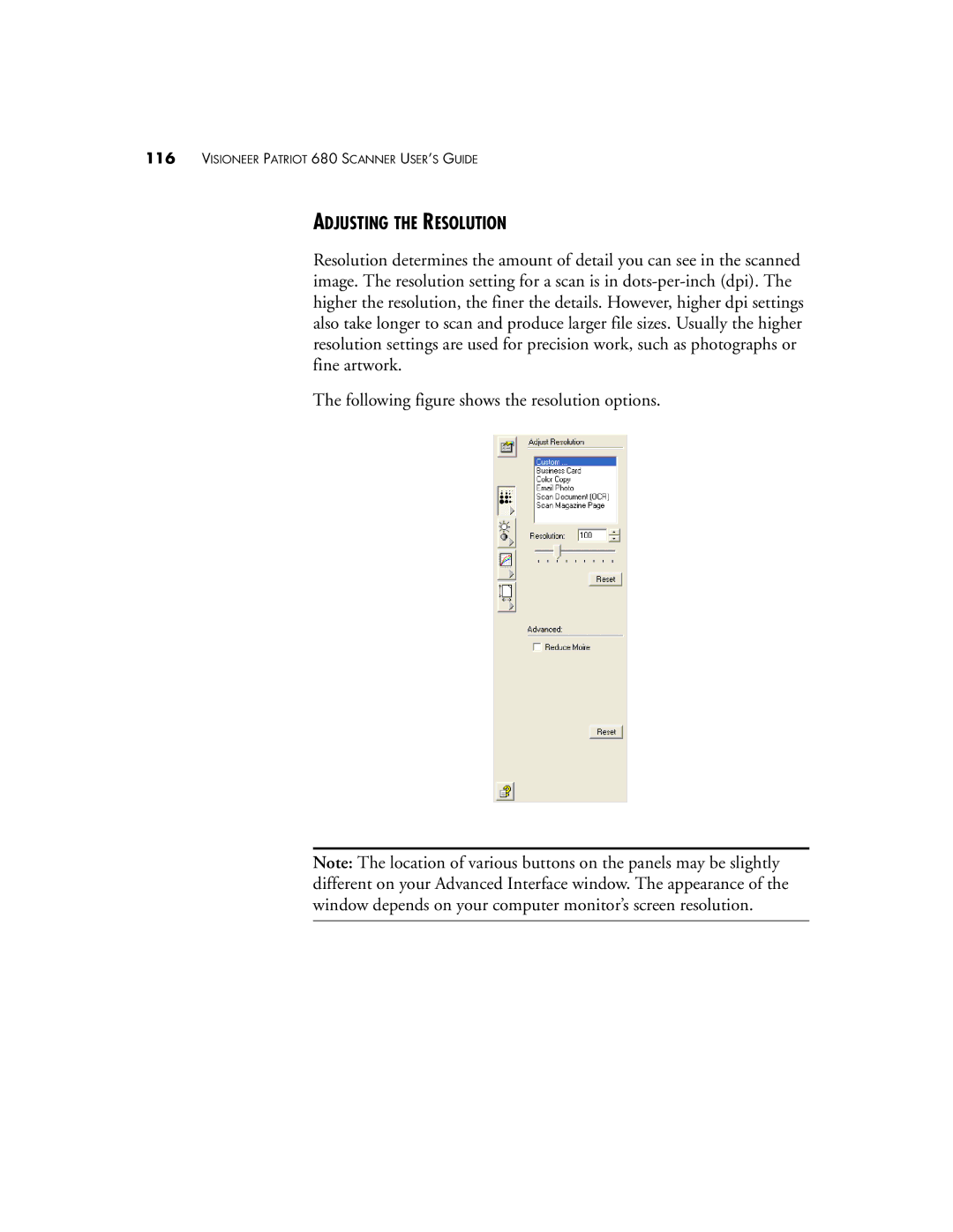 Visioneer Patriot 680 manual Adjusting the Resolution 