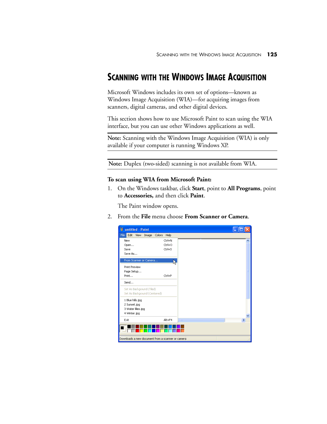 Visioneer Patriot 680 manual To scan using WIA from Microsoft Paint, From the File menu choose From Scanner or Camera 