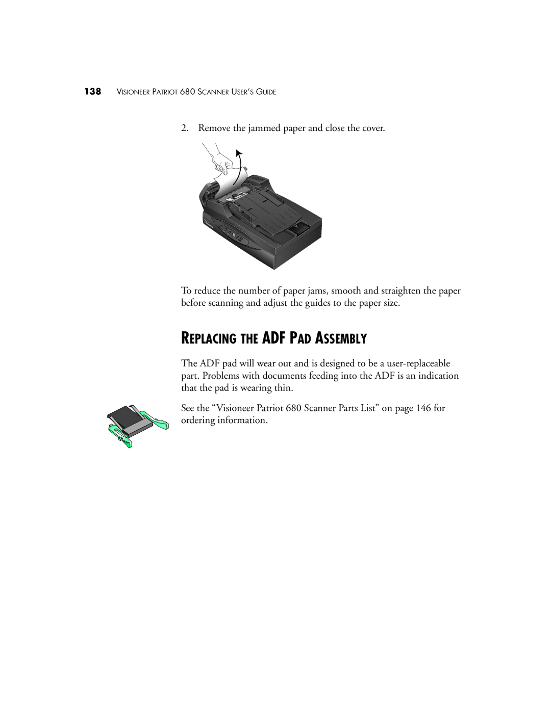 Visioneer Patriot 680 manual Replacing the ADF PAD Assembly 