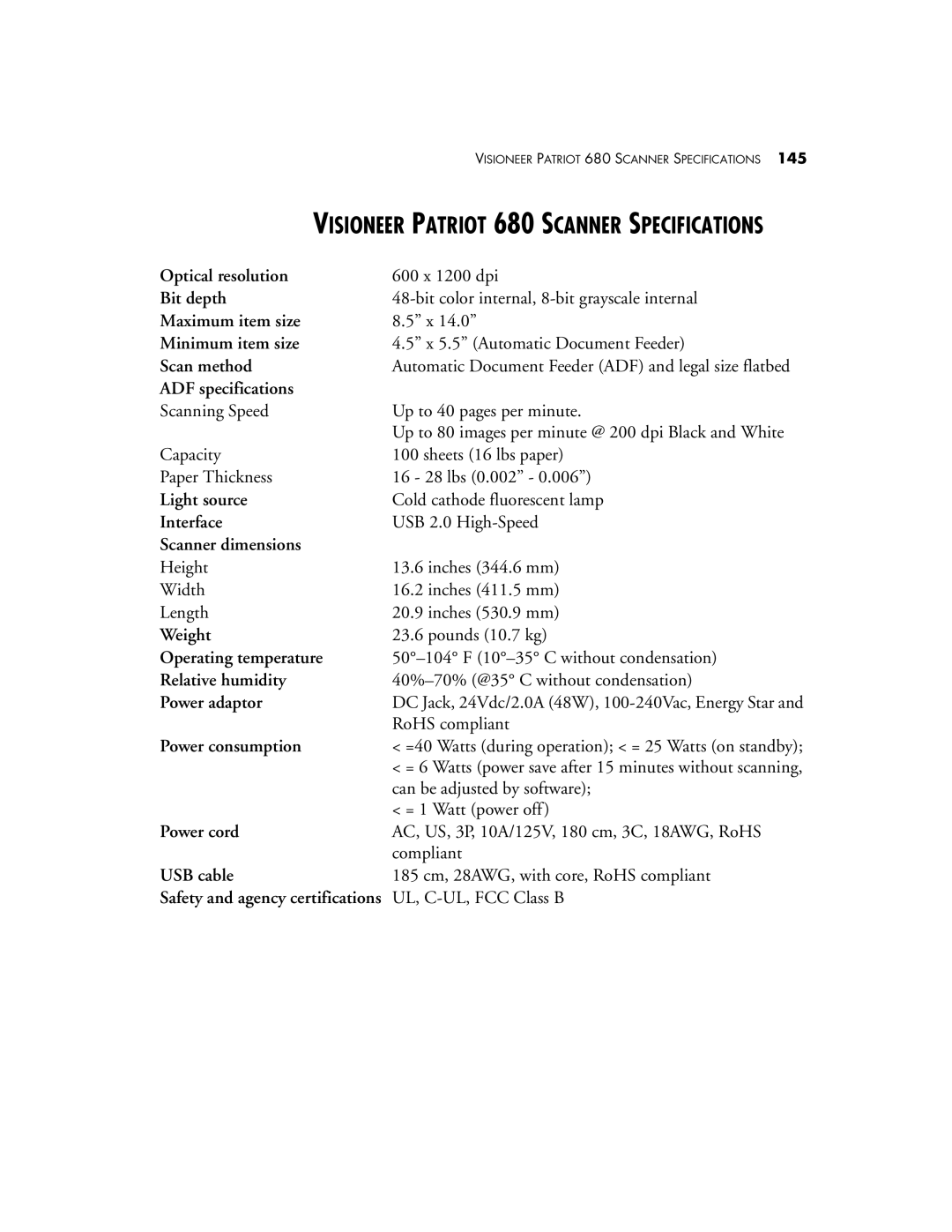 Visioneer manual Visioneer Patriot 680 Scanner Specifications 