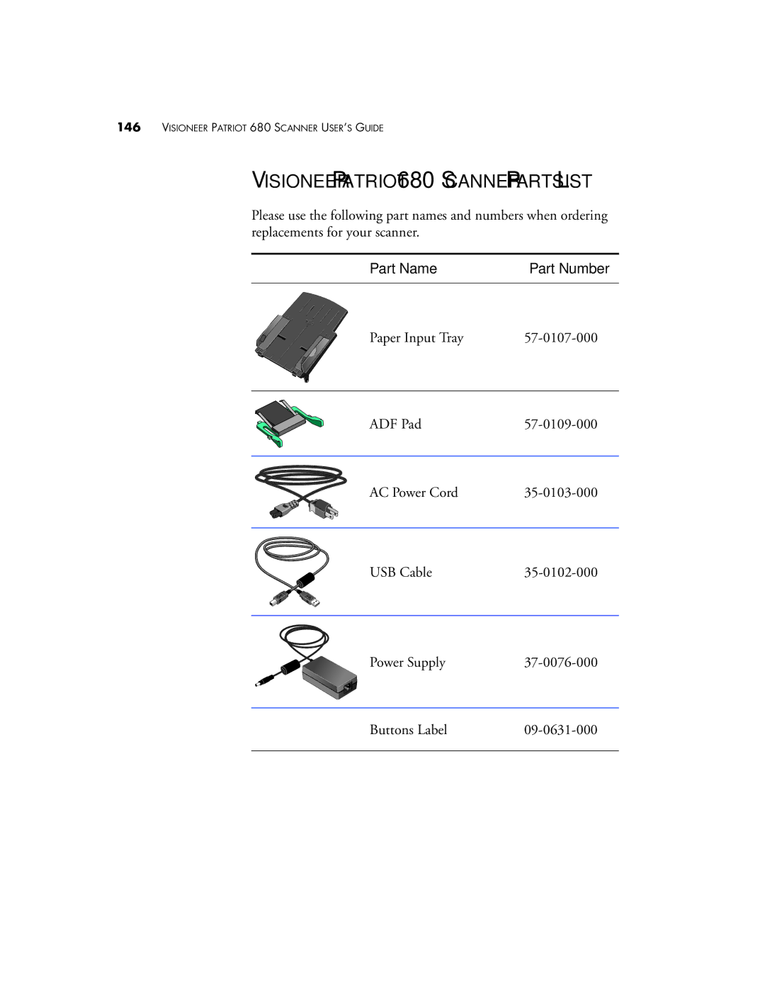 Visioneer manual Visioneer Patriot 680 Scanner Parts List, Part Name Part Number 