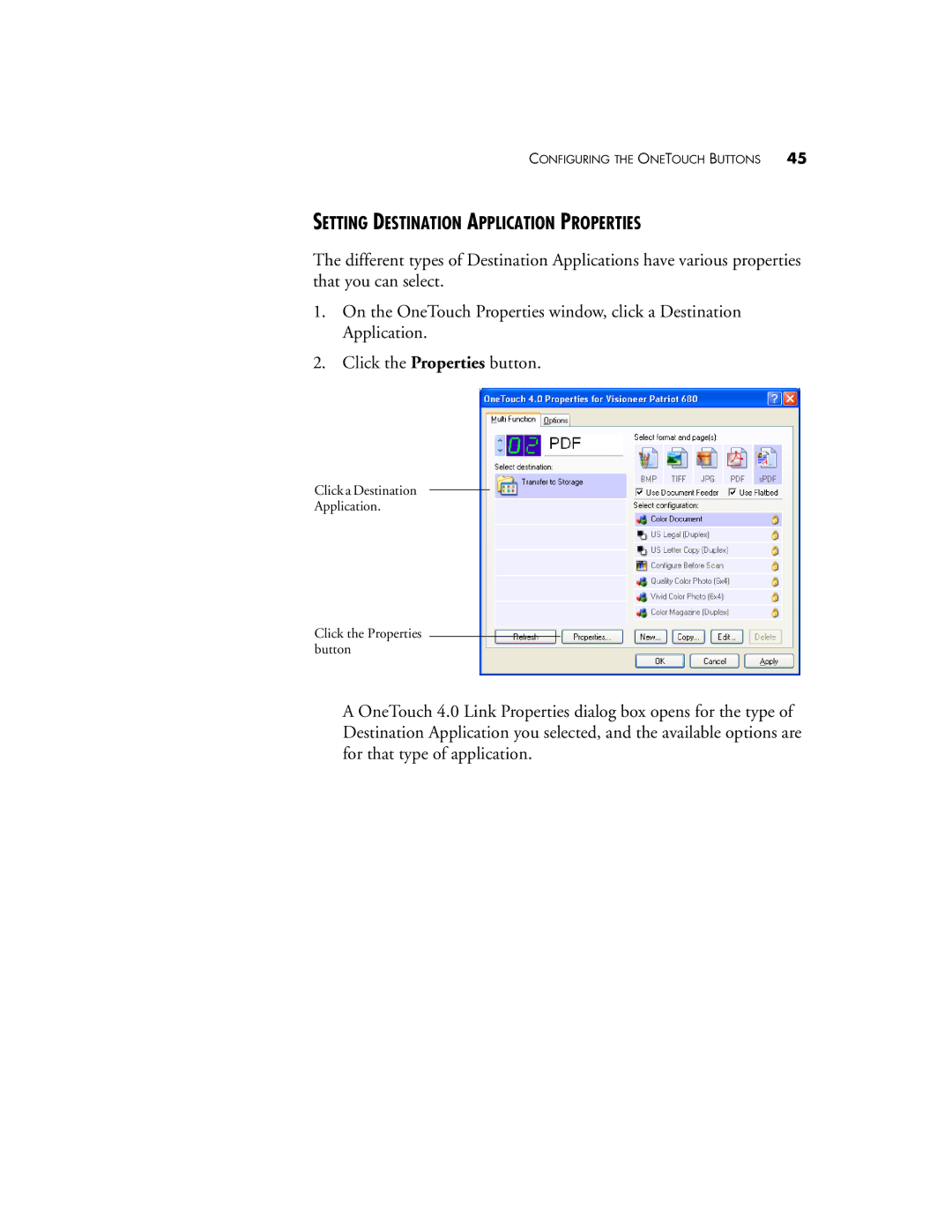 Visioneer Patriot 680 manual Setting Destination Application Properties 