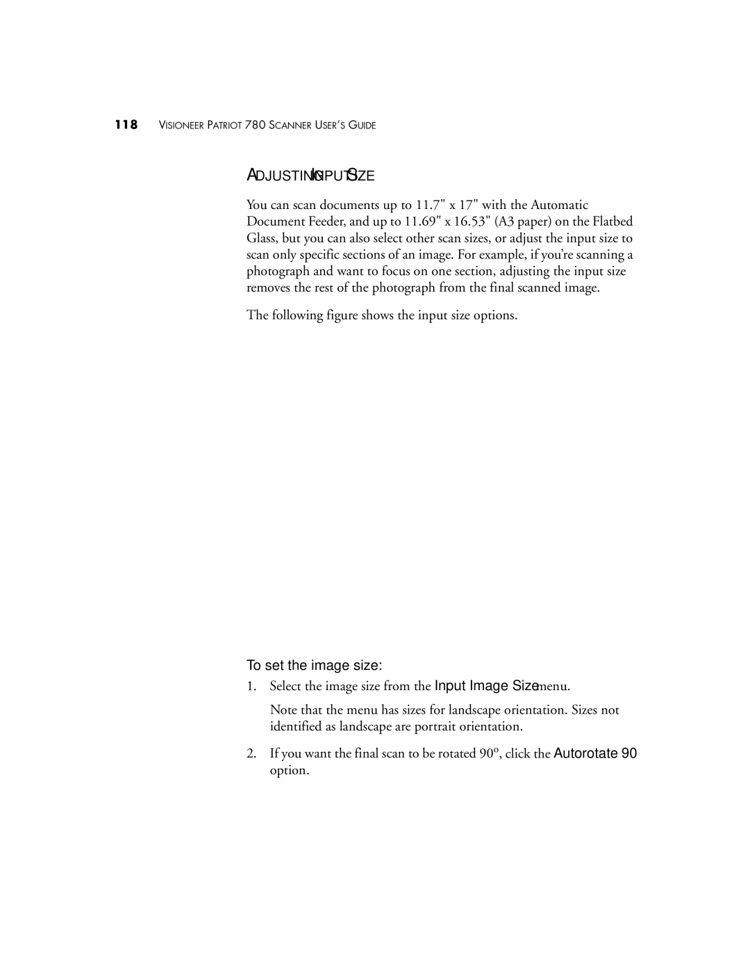 Visioneer Patriot 780 manual Adjusting Input Size, To set the image size 