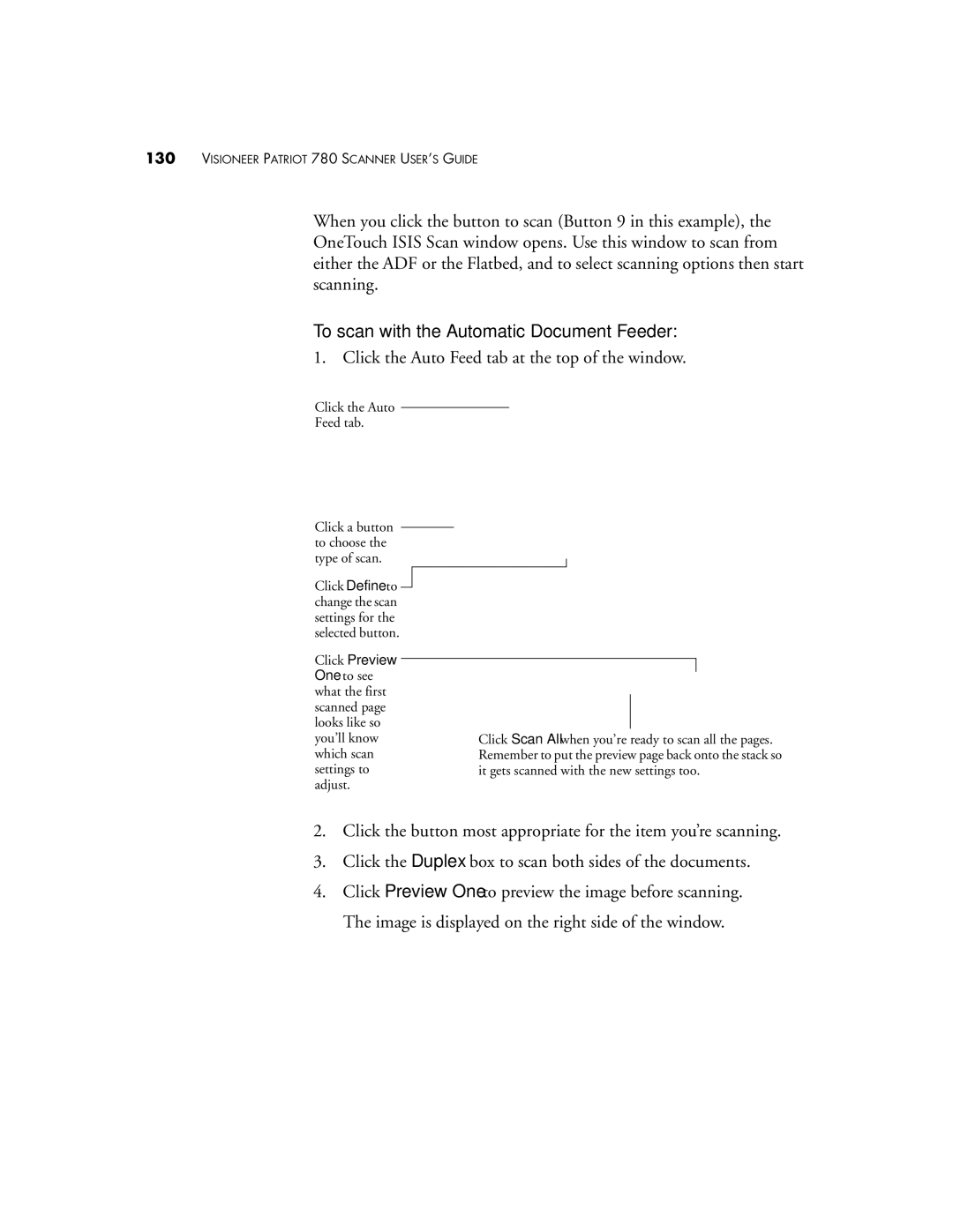 Visioneer Patriot 780 manual To scan with the Automatic Document Feeder, Click the Auto Feed tab at the top of the window 