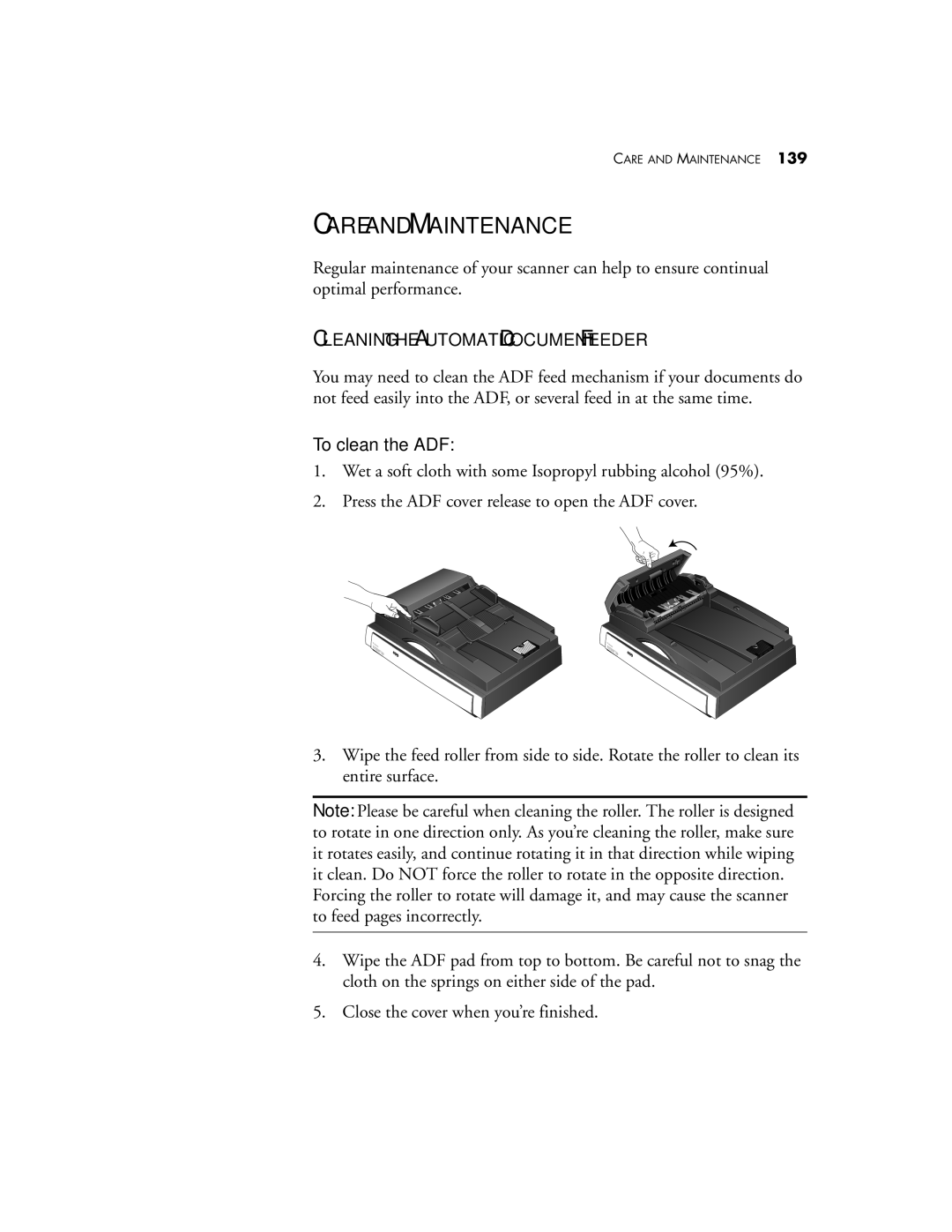 Visioneer Patriot 780 manual Care and Maintenance, Cleaning the Automatic Document Feeder, To clean the ADF 