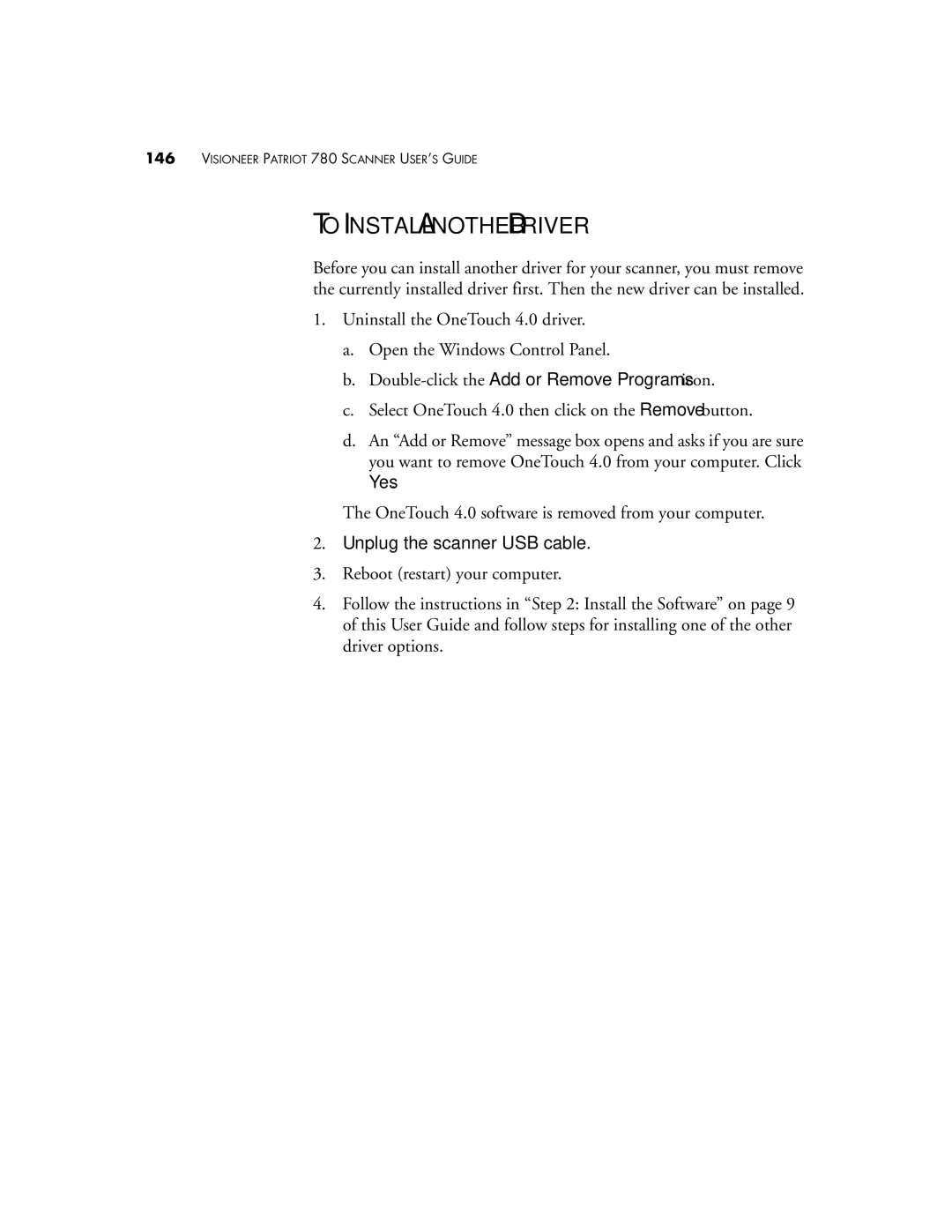 Visioneer Patriot 780 manual To Install Another Driver, Double-click the Add or Remove Programs icon 