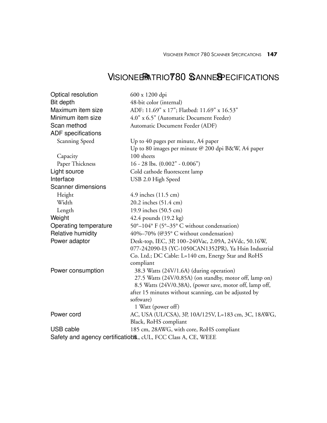 Visioneer manual Visioneer Patriot 780 Scanner Specifications 