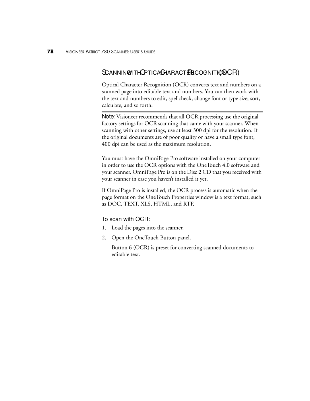 Visioneer Patriot 780 manual Scanning with Optical Character Recognition OCR, To scan with OCR 