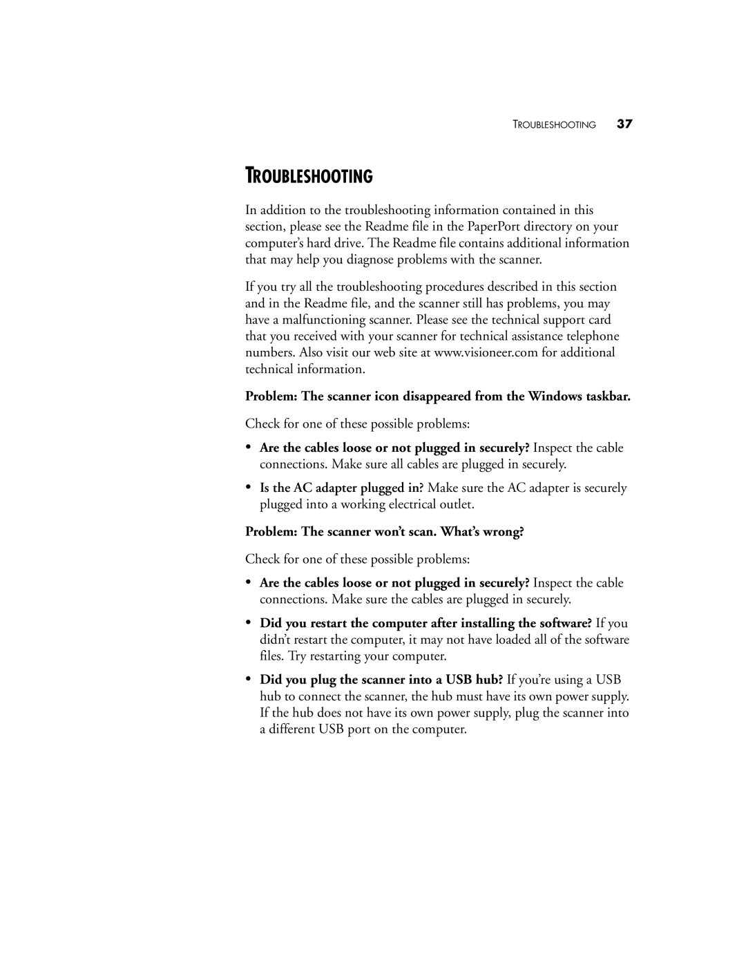 Visioneer Strobe XP 200 manual Troubleshooting 