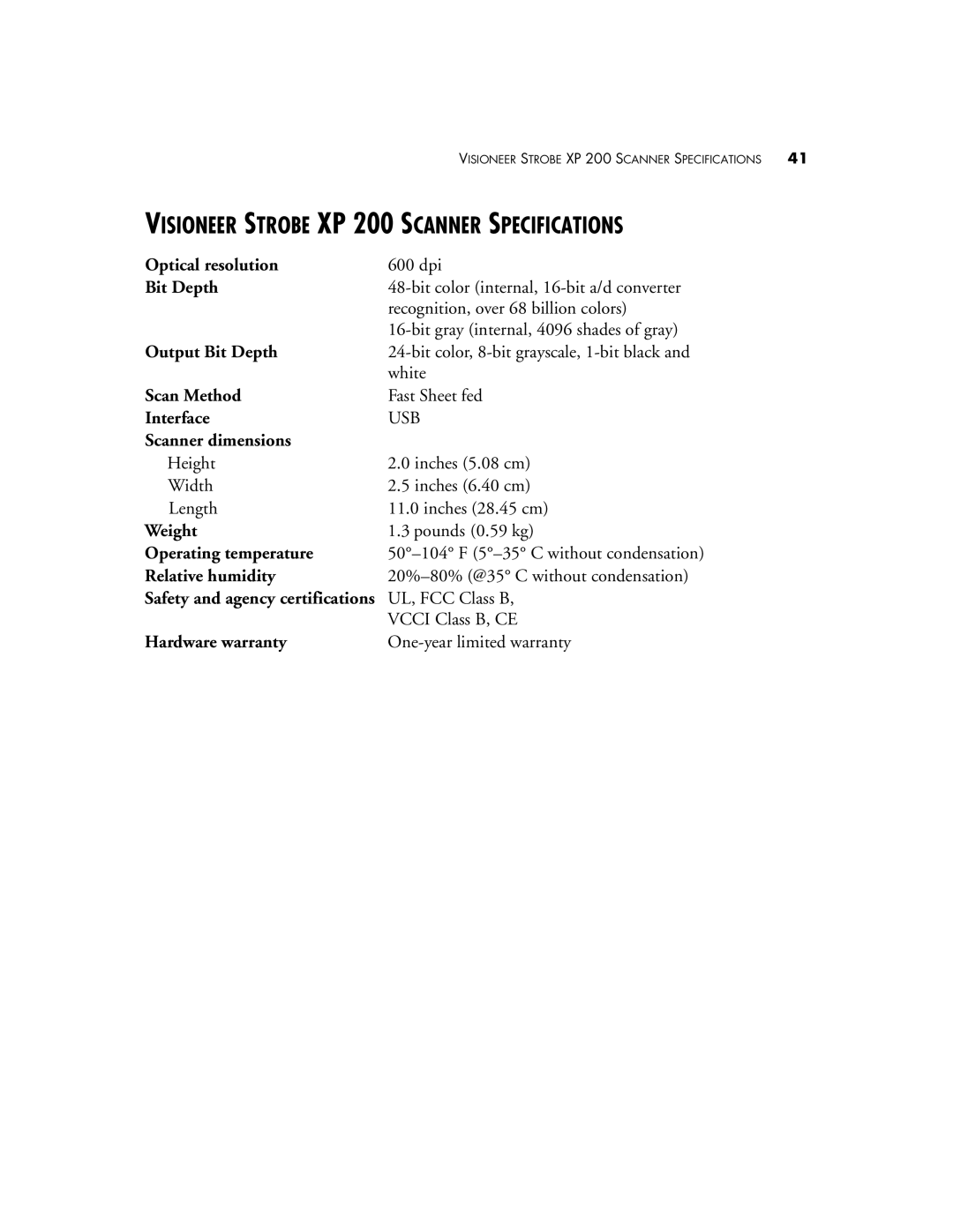 Visioneer manual Visioneer Strobe XP 200 Scanner Specifications 