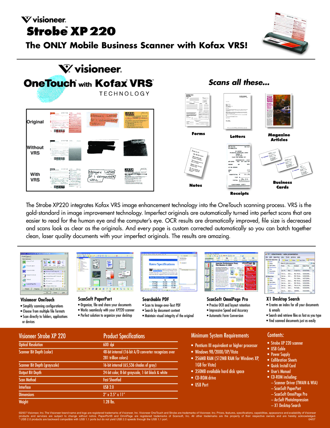 Visioneer Strobe XP 220 brochure Only Mobile Business Scanner with Kofax VRS 