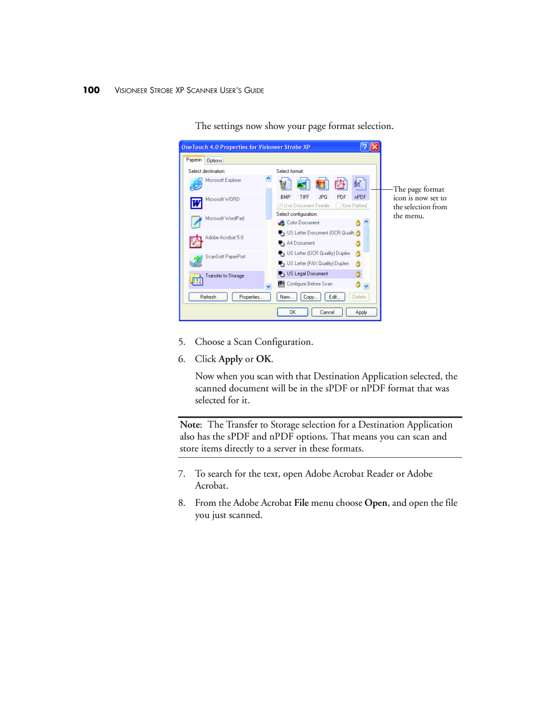 Visioneer XP 100, XP 300, XP 200 manual Settings now show your page format selection 