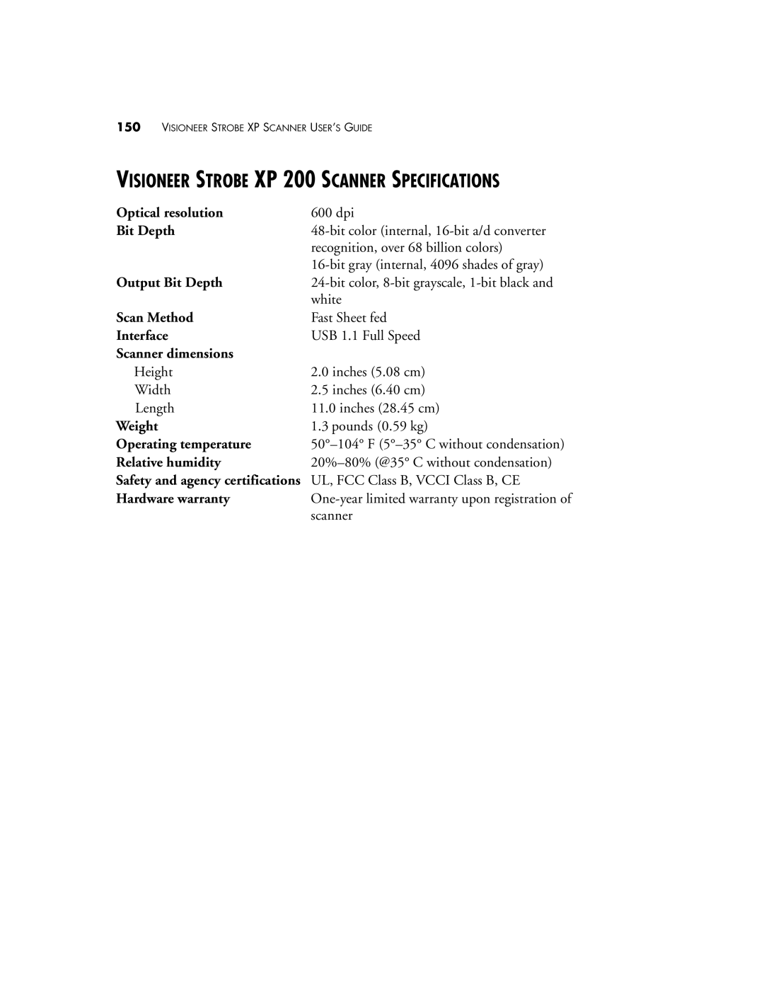 Visioneer XP 300, XP 100 manual Visioneer Strobe XP 200 Scanner Specifications 