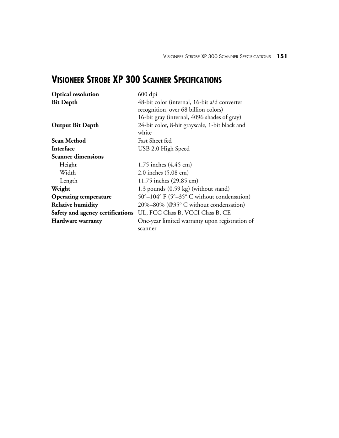 Visioneer XP 100, XP 200 manual Visioneer Strobe XP 300 Scanner Specifications 