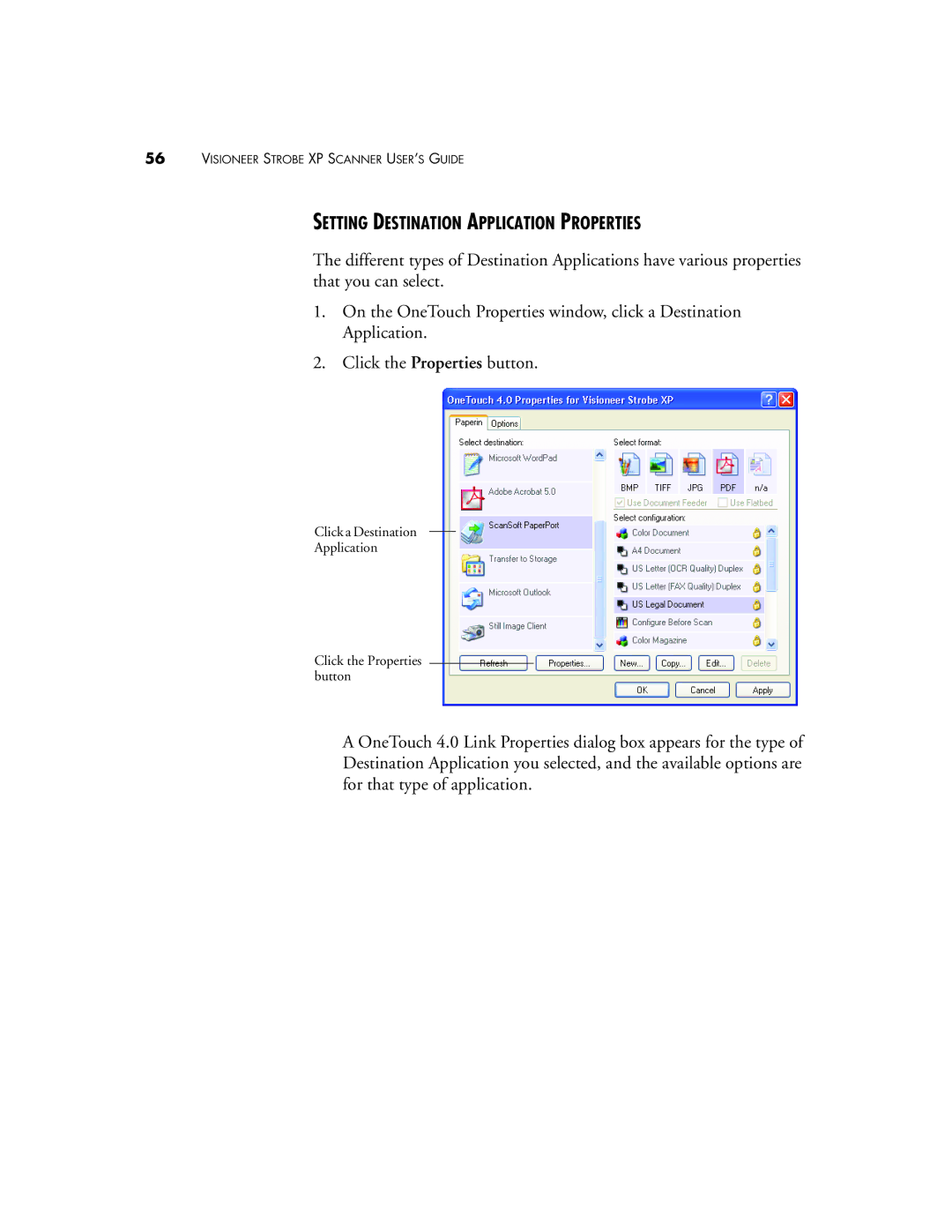 Visioneer XP 300, XP 200, XP 100 manual Setting Destination Application Properties 