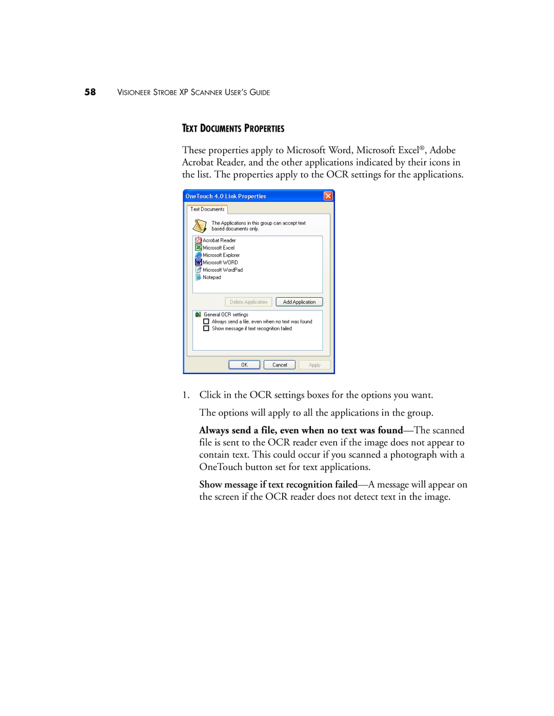 Visioneer XP 100, XP 300, XP 200 manual Text Documents Properties 