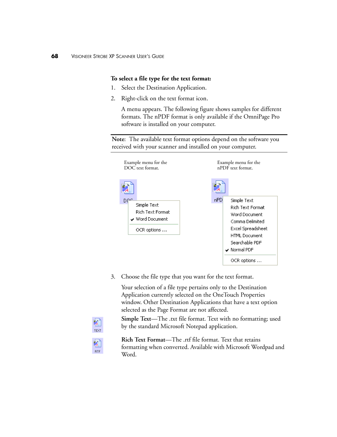 Visioneer XP 300, XP 200, XP 100 manual To select a file type for the text format 