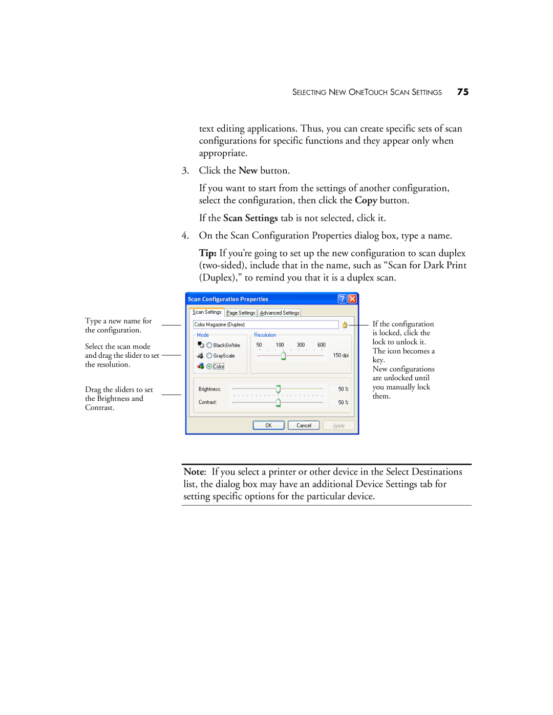 Visioneer XP 200, XP 300, XP 100 manual Selecting NEW Onetouch Scan Settings 