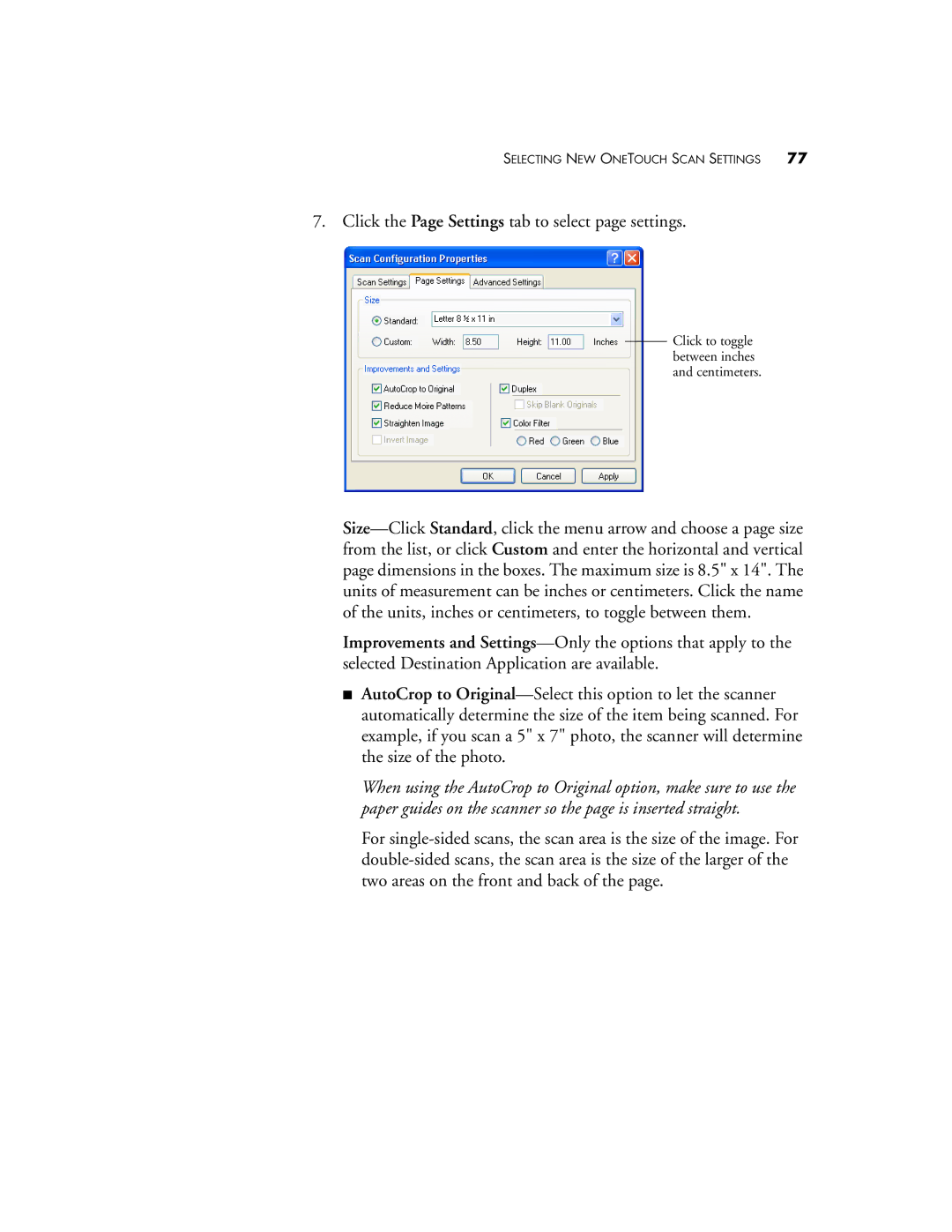 Visioneer XP 300, XP 200, XP 100 manual Click the Page Settings tab to select page settings 