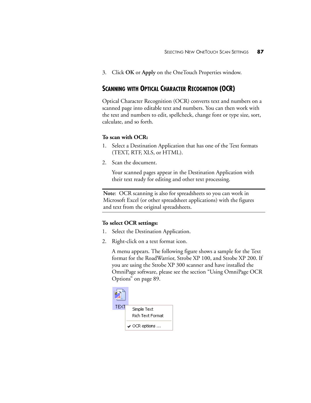 Visioneer XP 200, XP 300, XP 100 Scanning with Optical Character Recognition OCR, To scan with OCR, To select OCR settings 