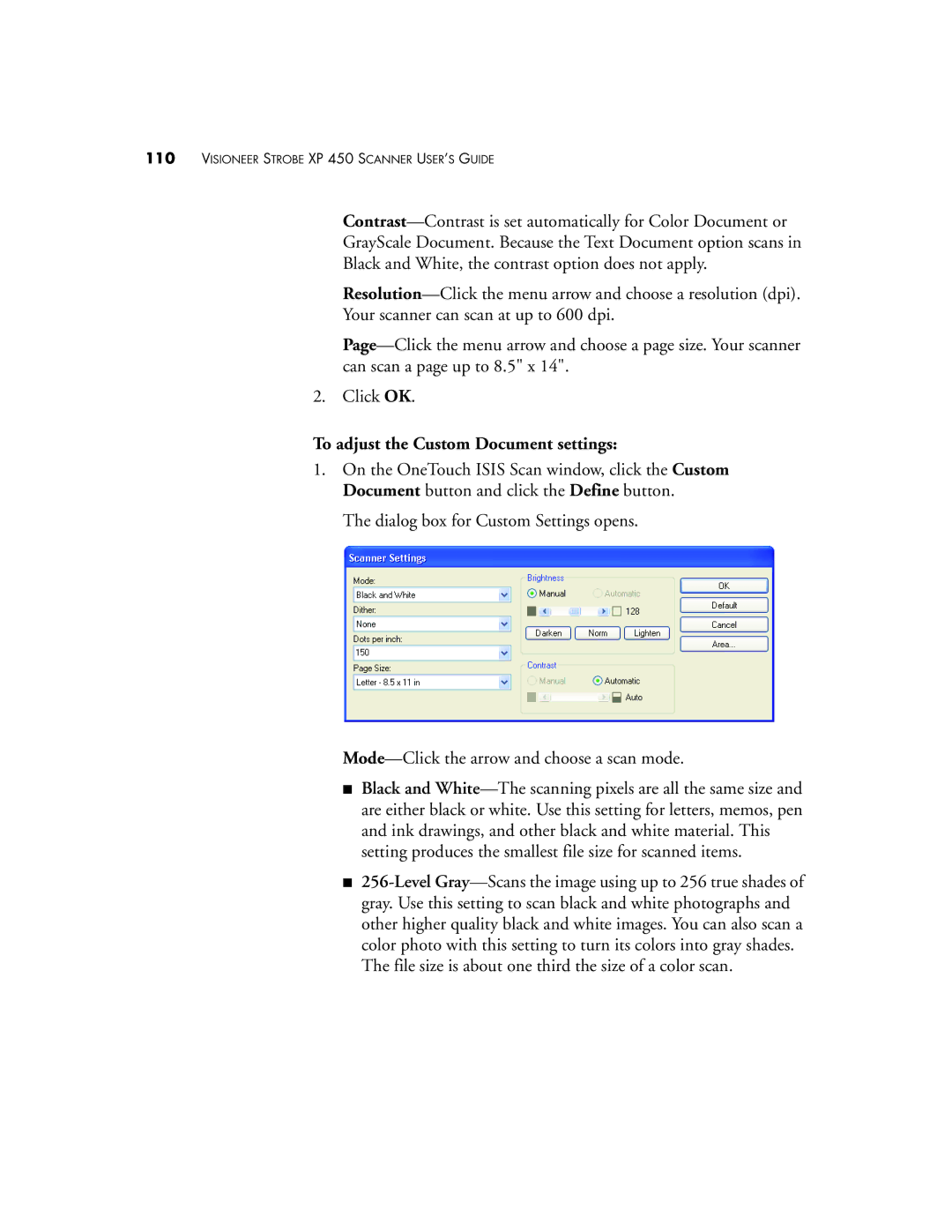 Visioneer XP 450 manual To adjust the Custom Document settings 