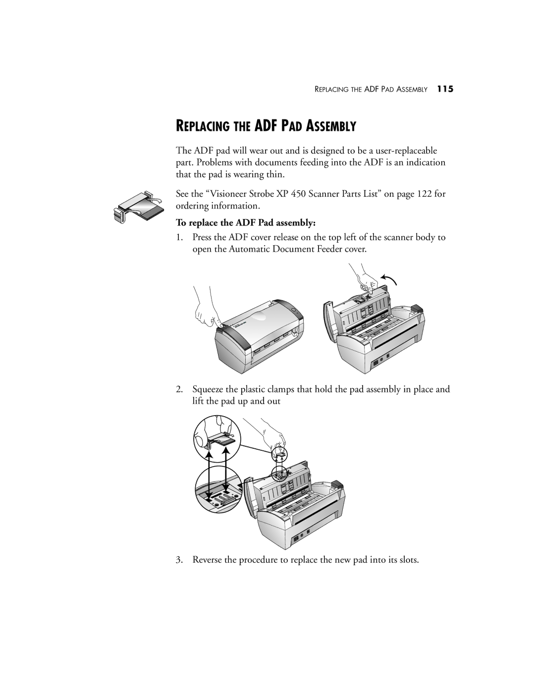 Visioneer XP 450 manual Replacing the ADF PAD Assembly, To replace the ADF Pad assembly 