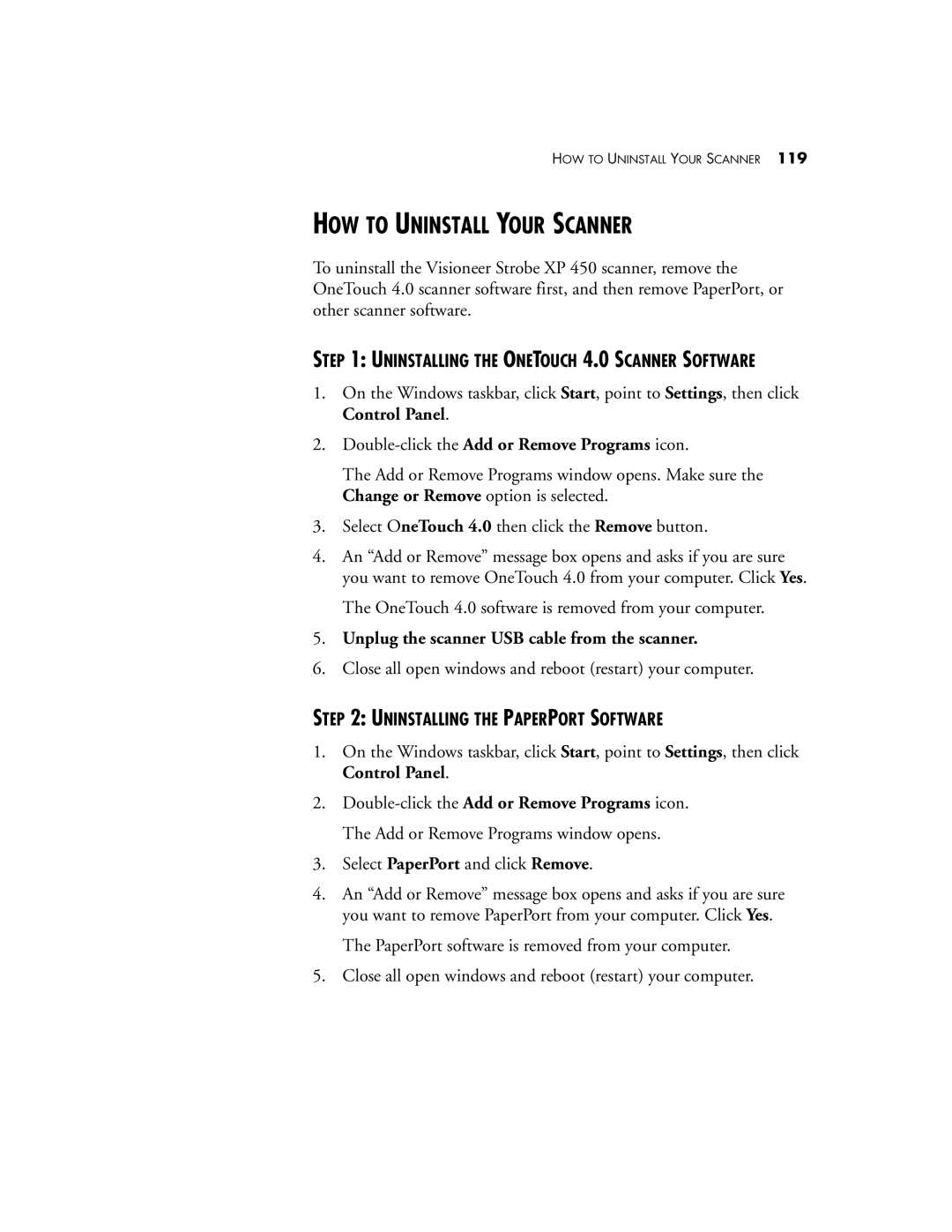 Visioneer XP 450 manual HOW to Uninstall Your Scanner, Double-click the Add or Remove Programs icon 