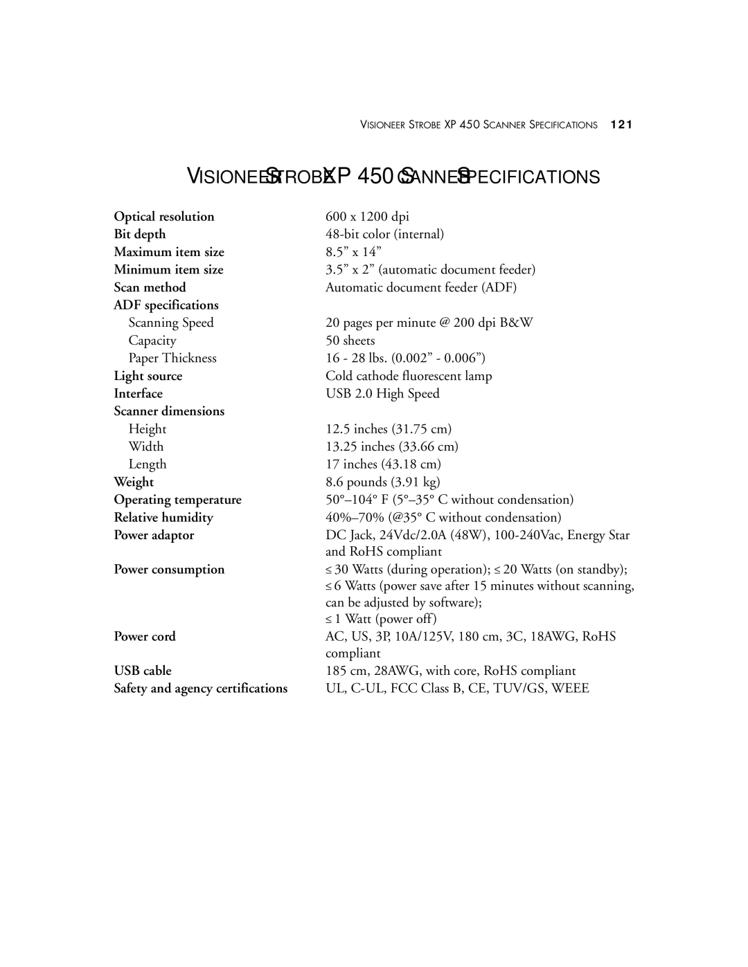 Visioneer XP 450 manual Optical resolution, Bit depth, Maximum item size Minimum item size, Scan method, ADF specifications 