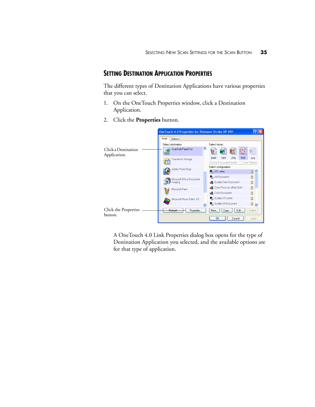 Visioneer XP 450 manual Setting Destination Application Properties 