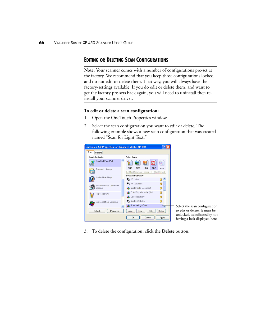 Visioneer XP 450 manual Editing or Deleting Scan Configurations, To edit or delete a scan configuration 