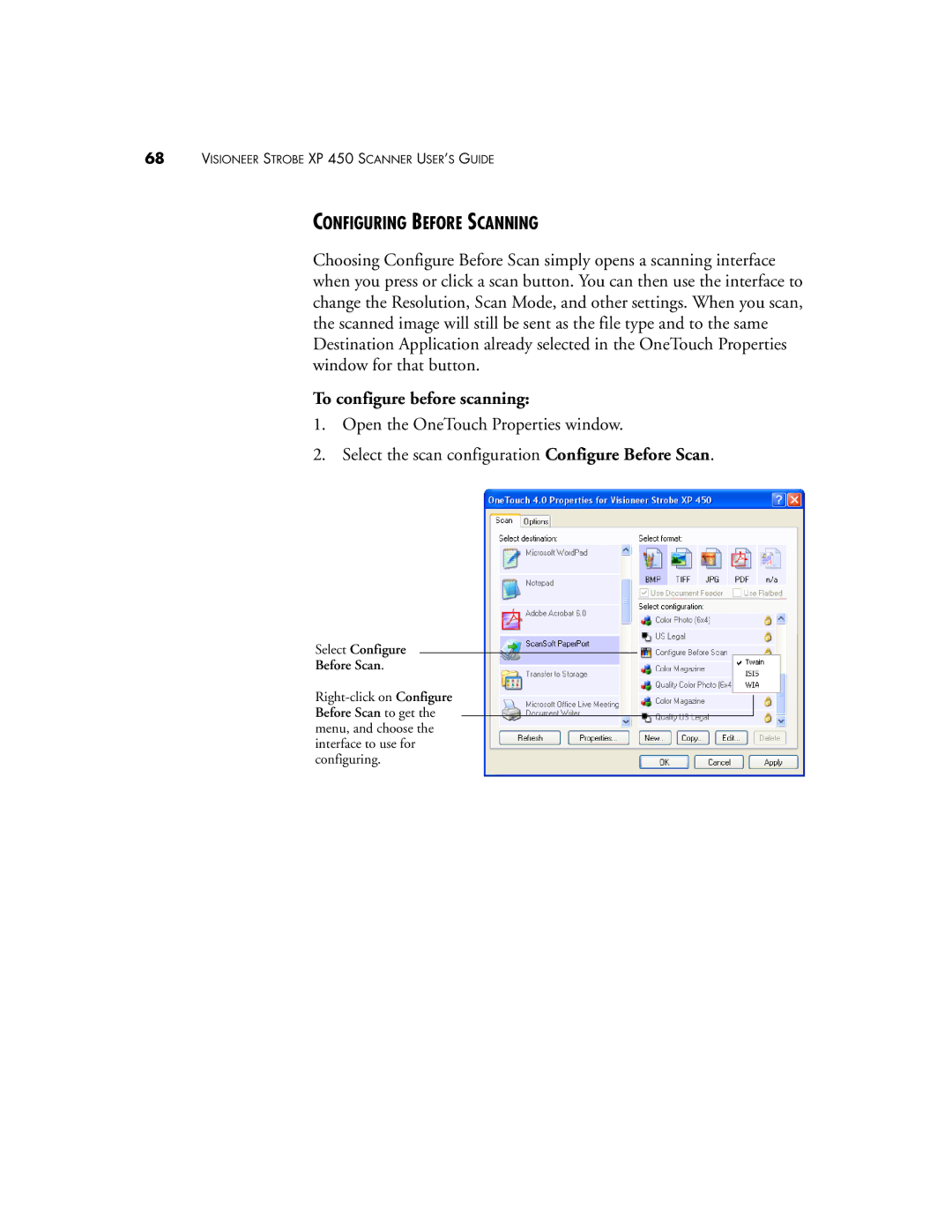 Visioneer XP 450 manual Configuring Before Scanning, To configure before scanning 