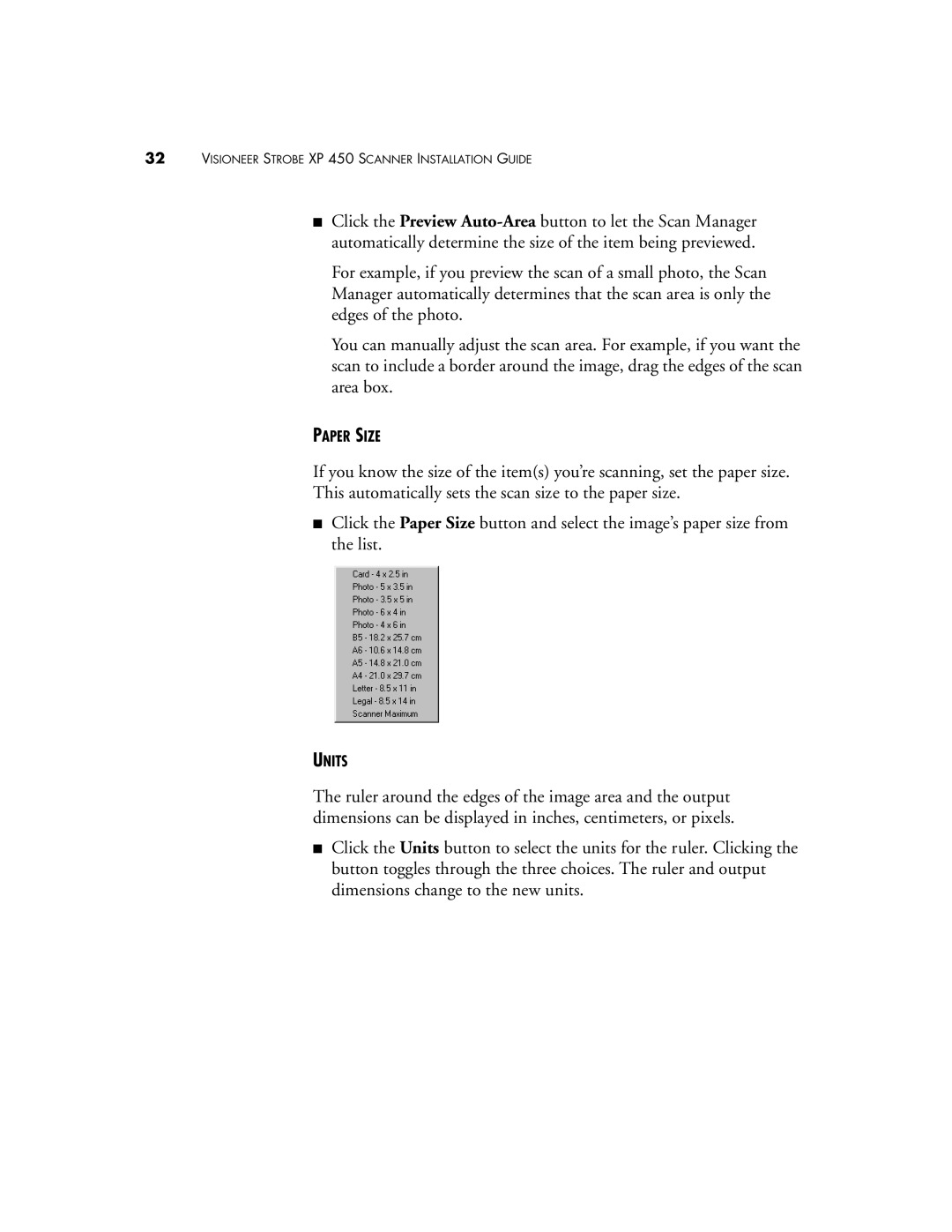 Visioneer XP 450 manual Paper Size 