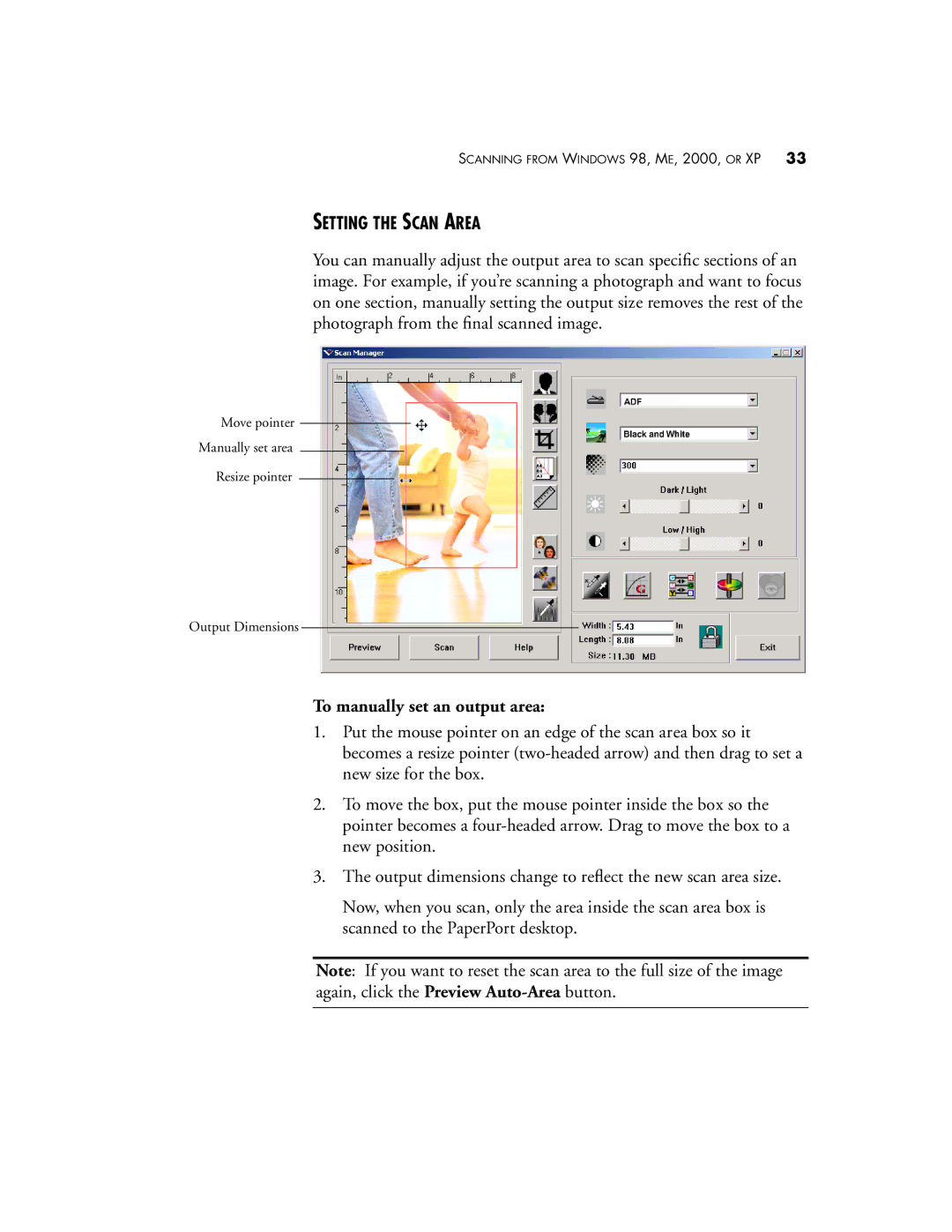 Visioneer XP 450 Setting the Scan Area, To manually set an output area 