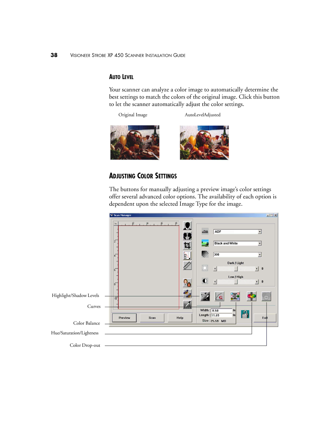 Visioneer XP 450 manual Adjusting Color Settings 