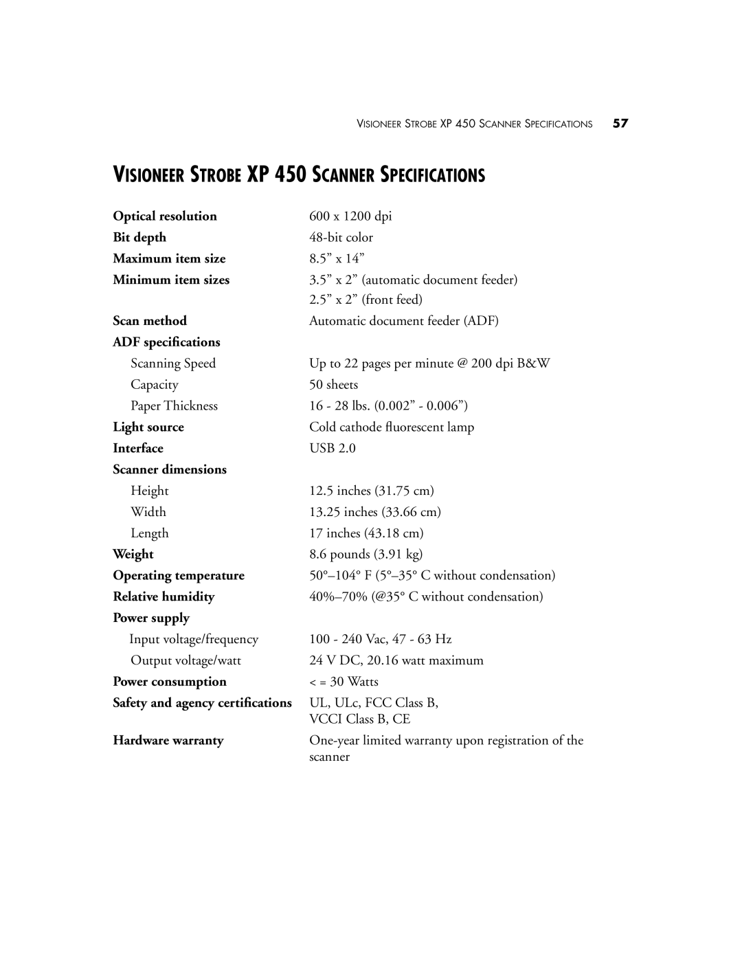 Visioneer manual Visioneer Strobe XP 450 Scanner Specifications 