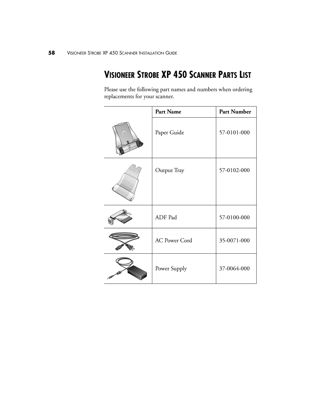 Visioneer manual Visioneer Strobe XP 450 Scanner Parts List, Part Name Part Number 