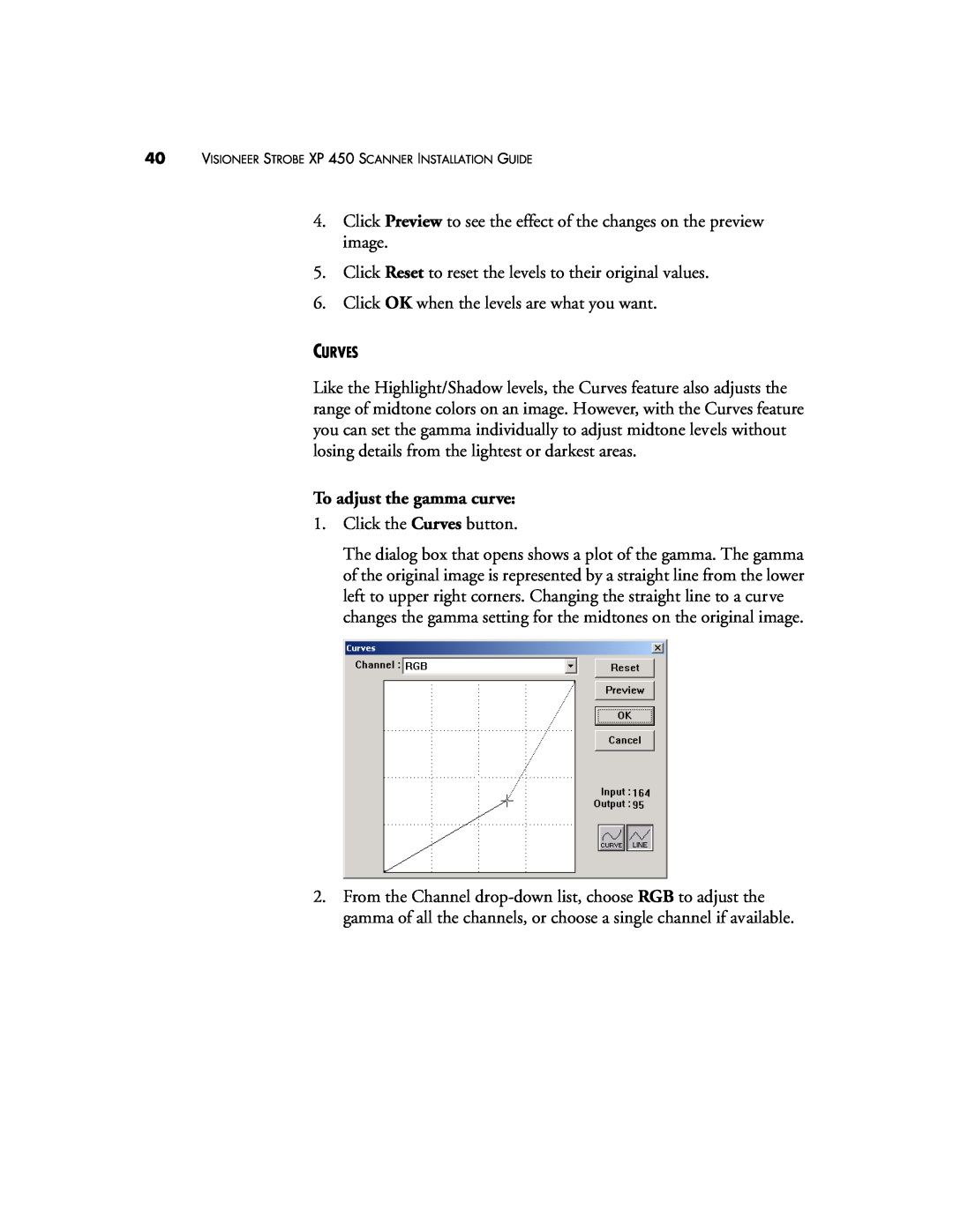 Visioneer XP 450 manual To adjust the gamma curve 