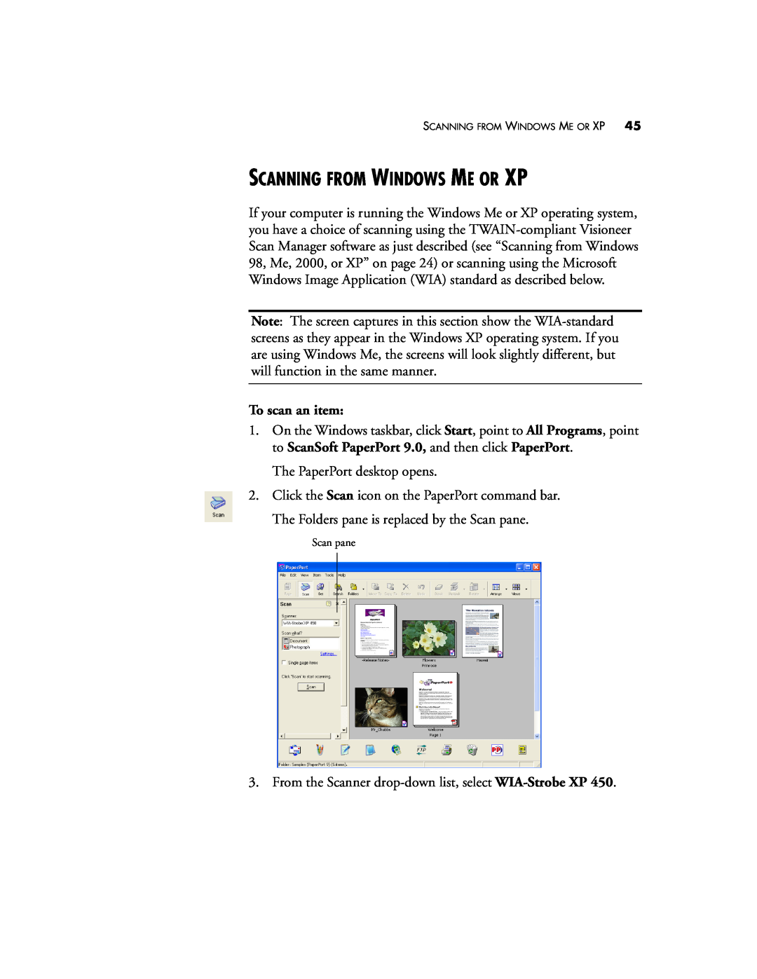 Visioneer XP 450 manual Scanning From Windows Me Or Xp, To scan an item 
