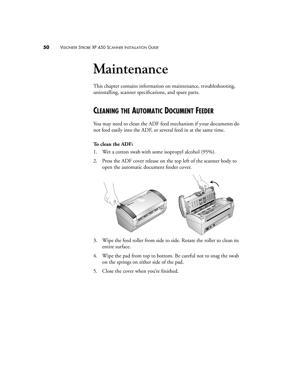 Visioneer XP 450 manual Maintenance, Cleaning The Automatic Document Feeder 
