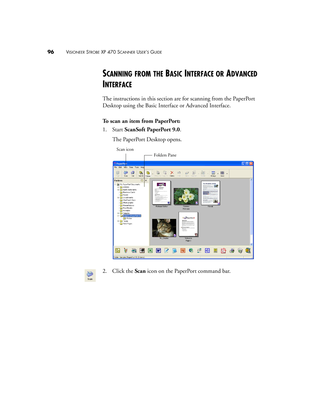 Visioneer XP 470 Scanning from the Basic Interface or Advanced, To scan an item from PaperPort Start ScanSoft PaperPort 