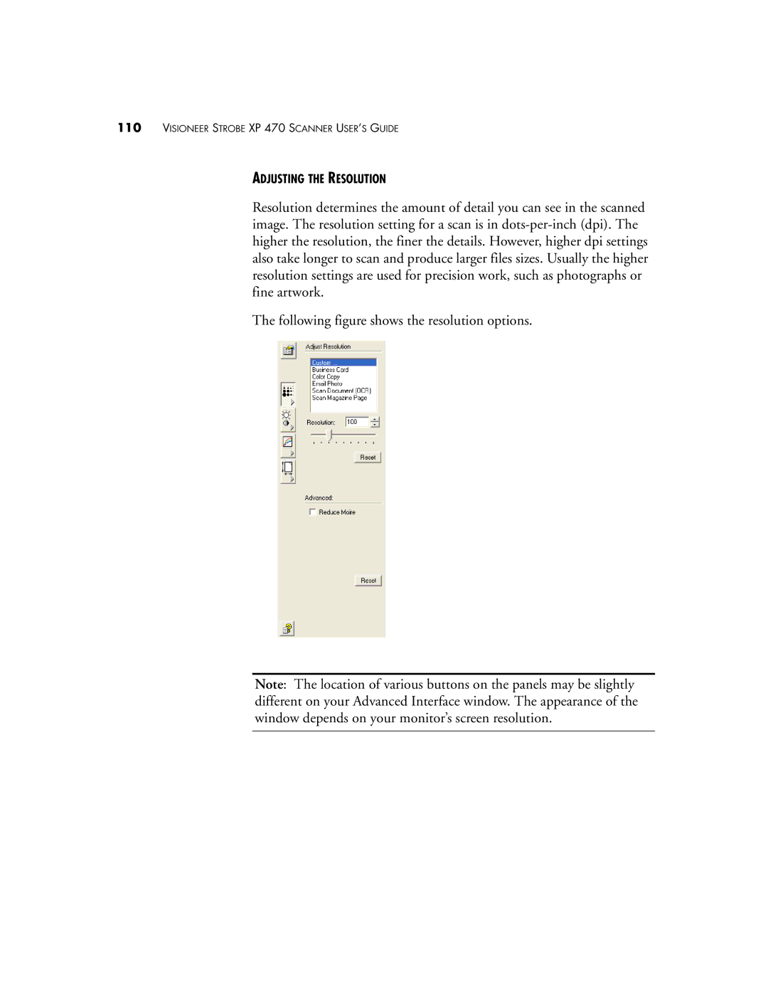 Visioneer XP 470 manual Adjusting the Resolution 