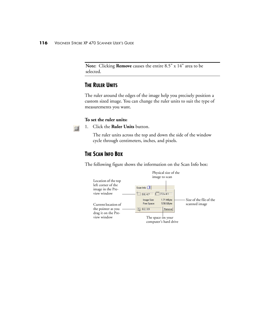 Visioneer XP 470 manual Ruler Units, To set the ruler units, Scan Info BOX 