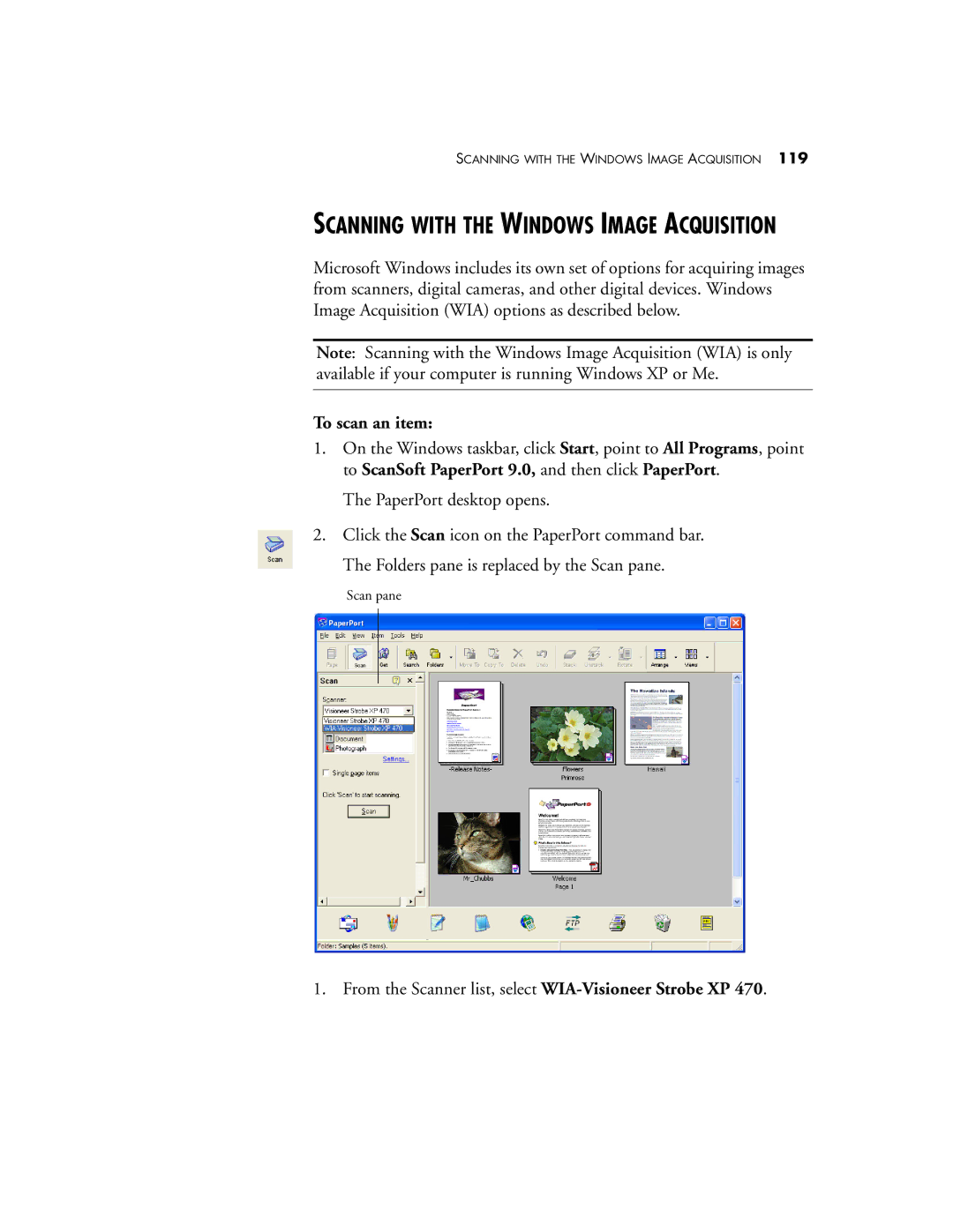 Visioneer XP 470 manual Scanning with the Windows Image Acquisition, To scan an item 