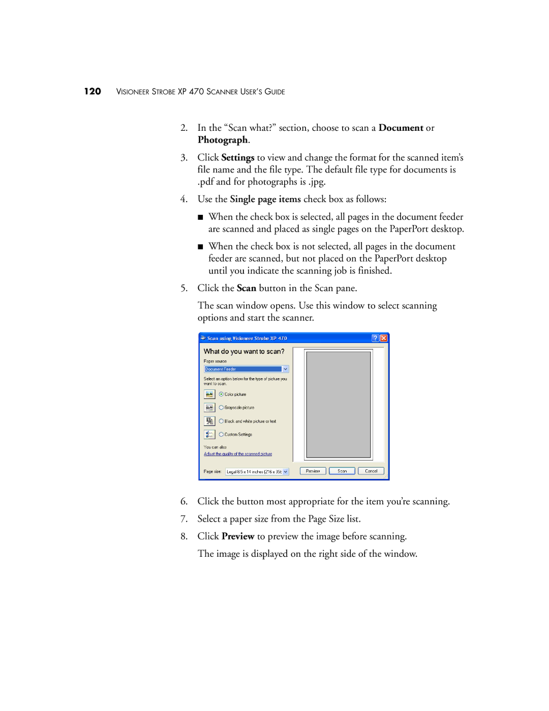 Visioneer XP 470 manual Scan what? section, choose to scan a Document or Photograph 